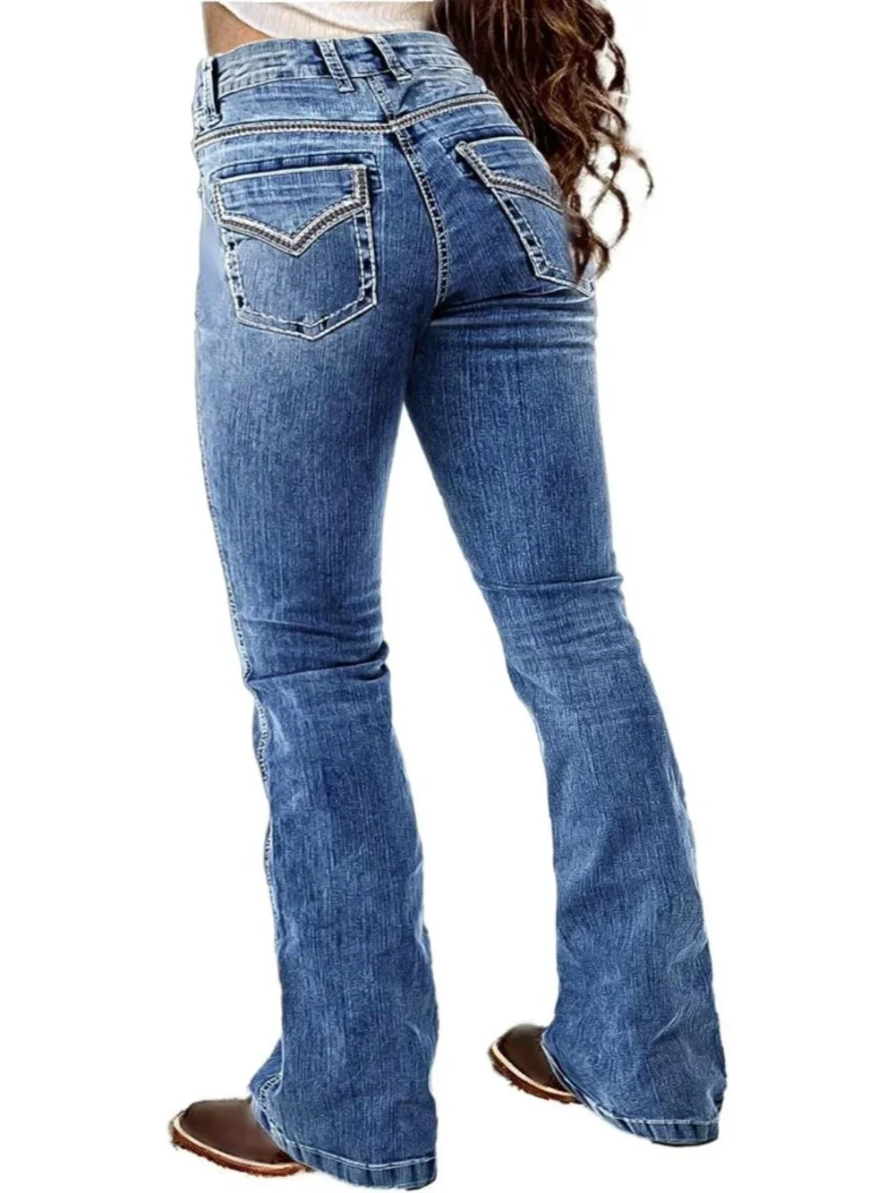 Women's Celestial Blue Pull On Mid Rise Flare Leg Zipper Lifting Bootcut Jeans